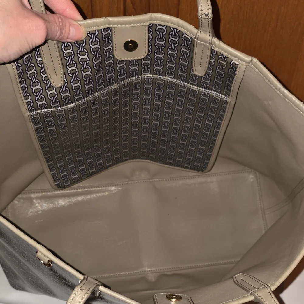 Tory Burch Gray Logo Canvas Tote with Center Stripe